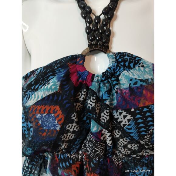 Women's Large Y2K Top-No Boundaries Colorful Halter Blouse-Beaded Satin Rope Tie - Picture 9 of 10